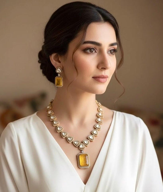 MANASVI Yellow colour necklace,Doublet Stones Victorian style Polki Kundan Wedding Jewelry Necklace with Earrings,Indian Pakistani jewelry