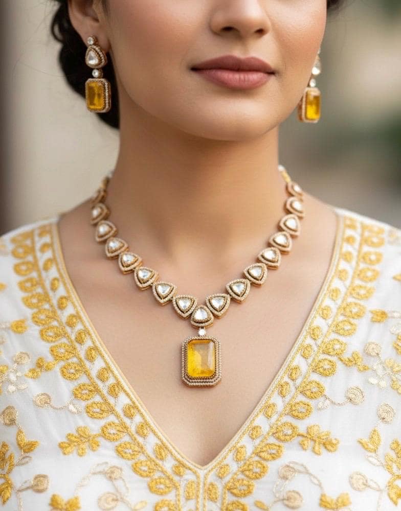 MANASVI Yellow colour necklace,Doublet Stones Victorian style Polki Kundan Wedding Jewelry Necklace with Earrings,Indian Pakistani jewelry