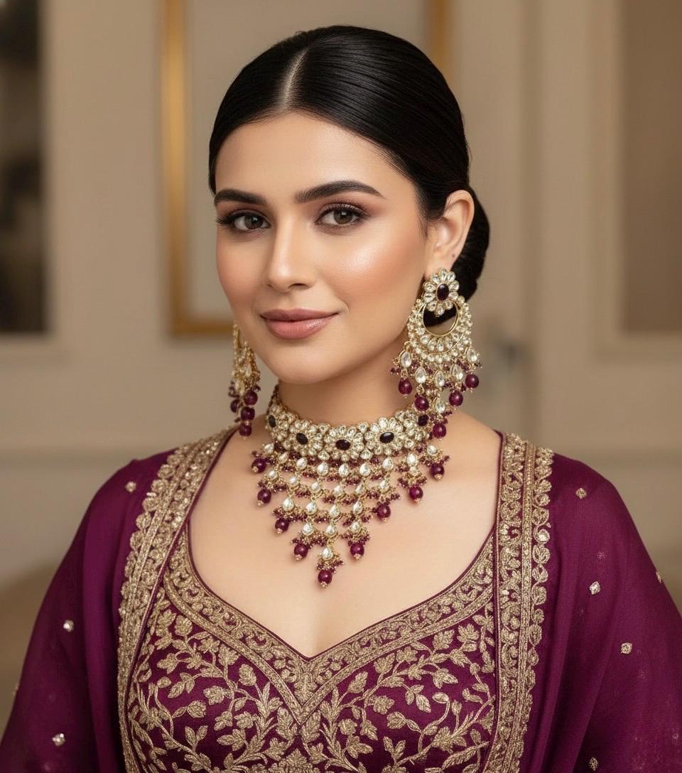FIZA wine purple Kundan Choker earrings maangtika,Punjabi Jewellery,Indian Kundan Necklace Set,cz zircon,Pakistani nikaah Jewelry,Bridal set