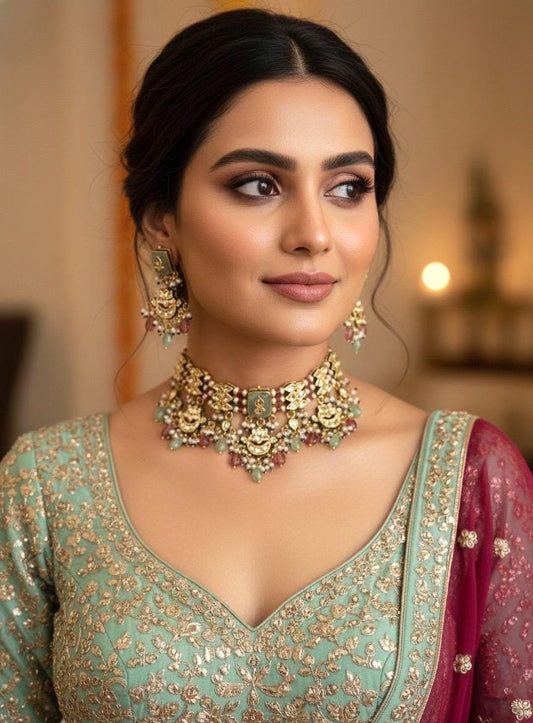 SHITAL Sabyasachi inspired Mint pink  Fusion Kundan choker set, necklace set, indian wedding Rajwada jewelry/ pakistani jewelry