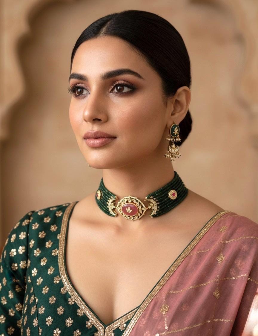 SNEHAL Sabyasachi inspired Green Fusion Kundan choker set, necklace set, indian wedding Rajwada jewelry/ pakistani jewelry