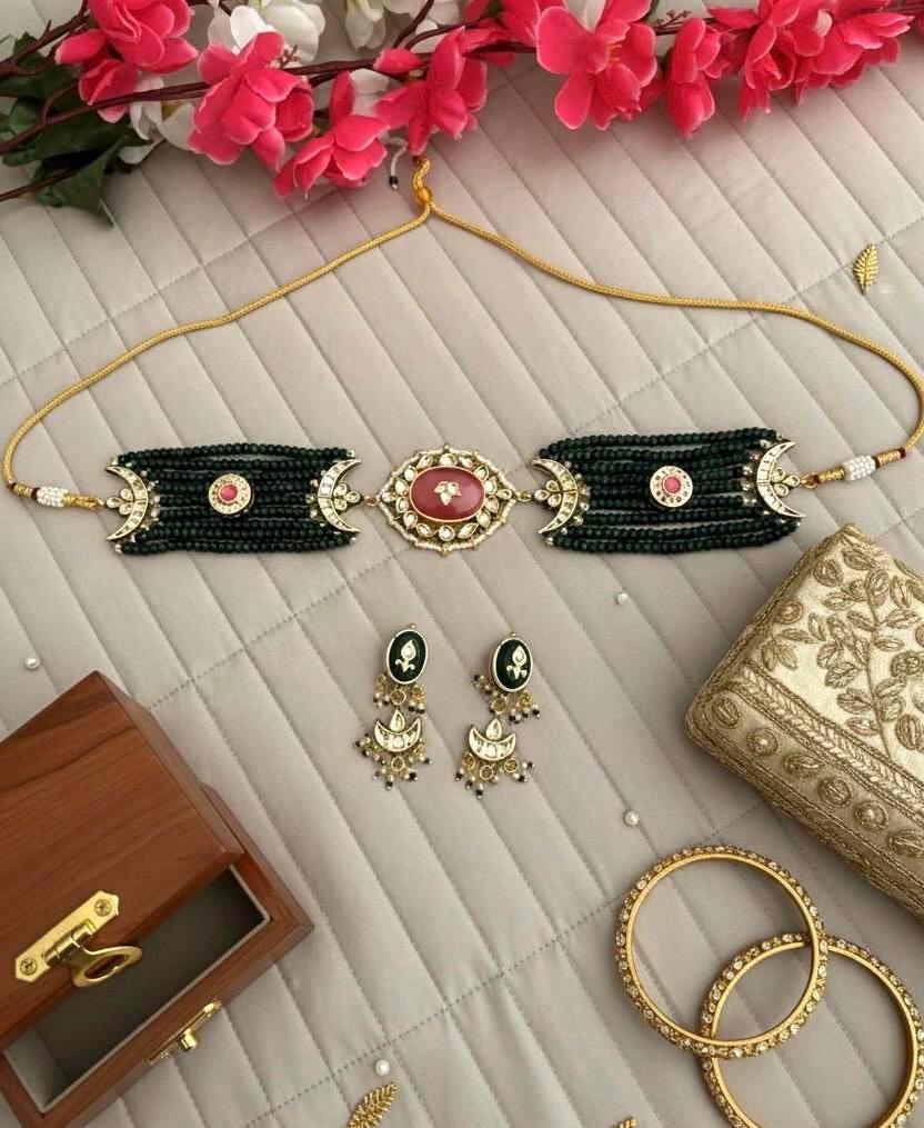 SNEHAL Sabyasachi inspired Green Fusion Kundan choker set, necklace set, indian wedding Rajwada jewelry/ pakistani jewelry