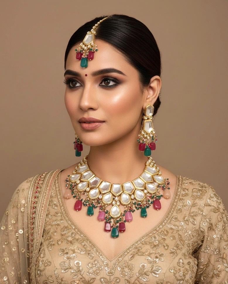 MALVIKA Kundan Necklace set ,multicoloured navratna jewelry, Indian Pakistani wedding bridal jewelry,maangtika included