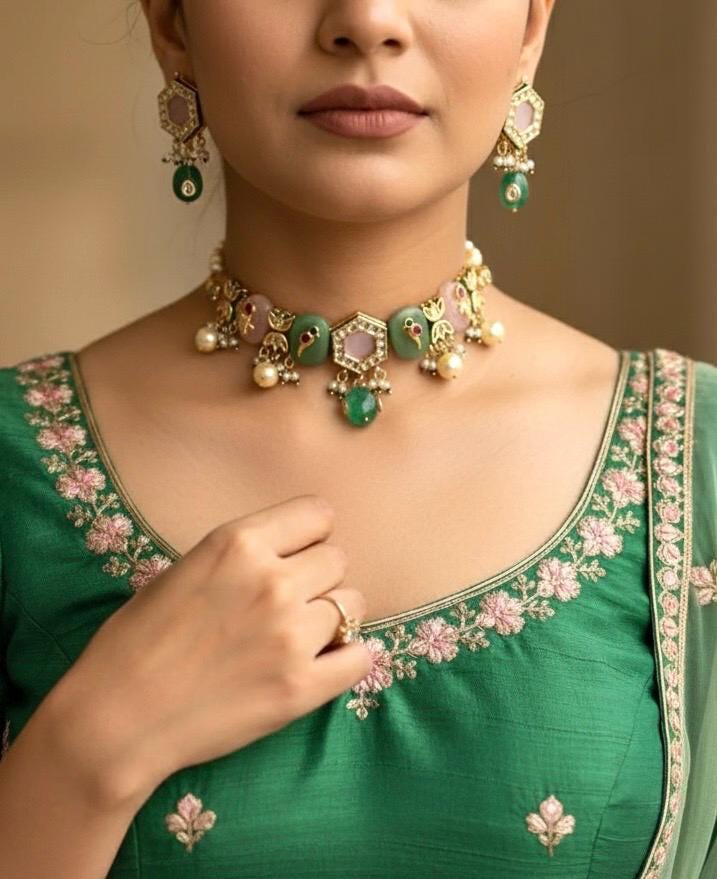 NOSHIN Sabyasachi inspired green pink and golden Fusion Kundan choker set,necklace set,indian bollywood wedding jewelry pakistani jewelry