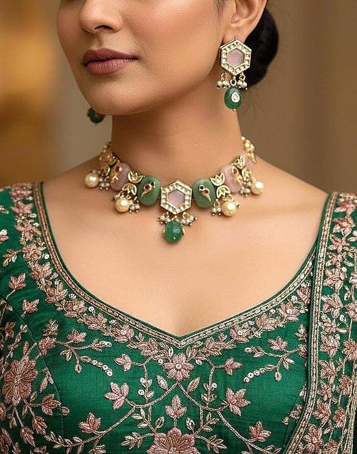 NOSHIN Sabyasachi inspired green pink and golden Fusion Kundan choker set,necklace set,indian bollywood wedding jewelry pakistani jewelry