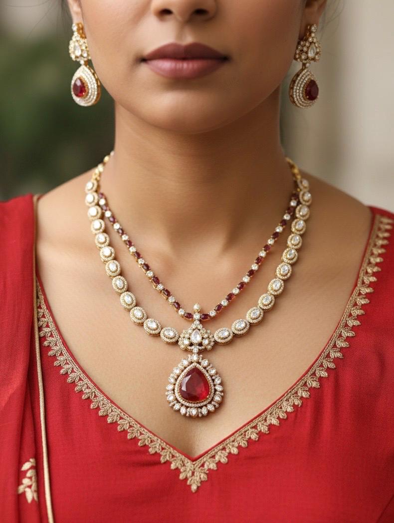 ROSINA Ruby Red Necklace earrings set in doublet stone