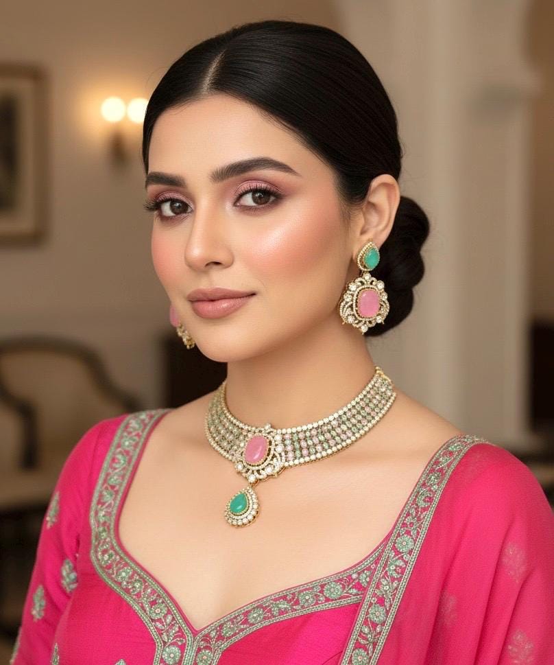 REVATI Mint pink Choker Necklace Earrings set