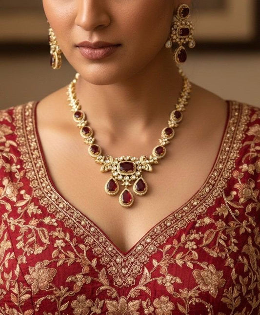 KETAKI Ruby Red Necklace and earrings set, Indian Pakistani traditional jewelry, ruby red kundan necklace set