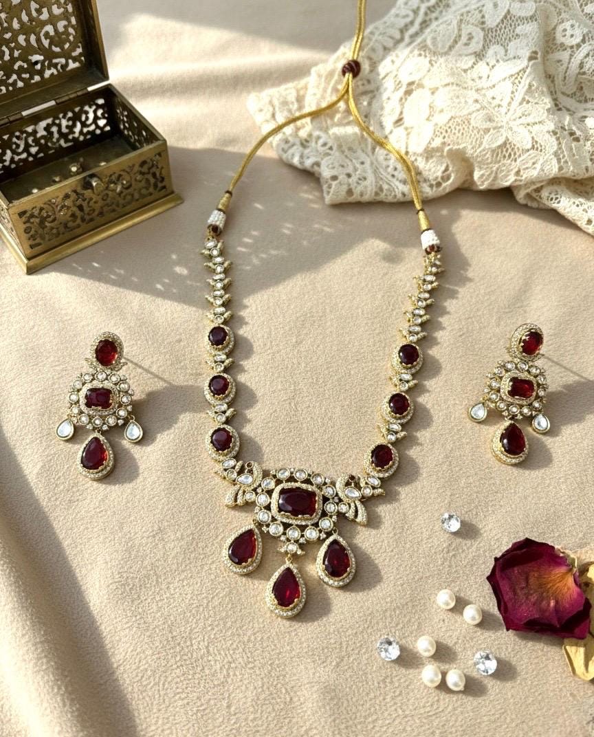 KETAKI Ruby Red Necklace and earrings set, Indian Pakistani traditional jewelry, ruby red kundan necklace set
