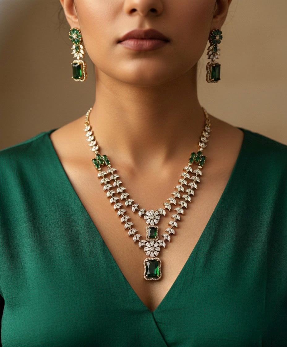 ASHLEY Emerald  green colour cz zircon sleek necklace set in mehndi golden polish,Indian victorian style jewelry