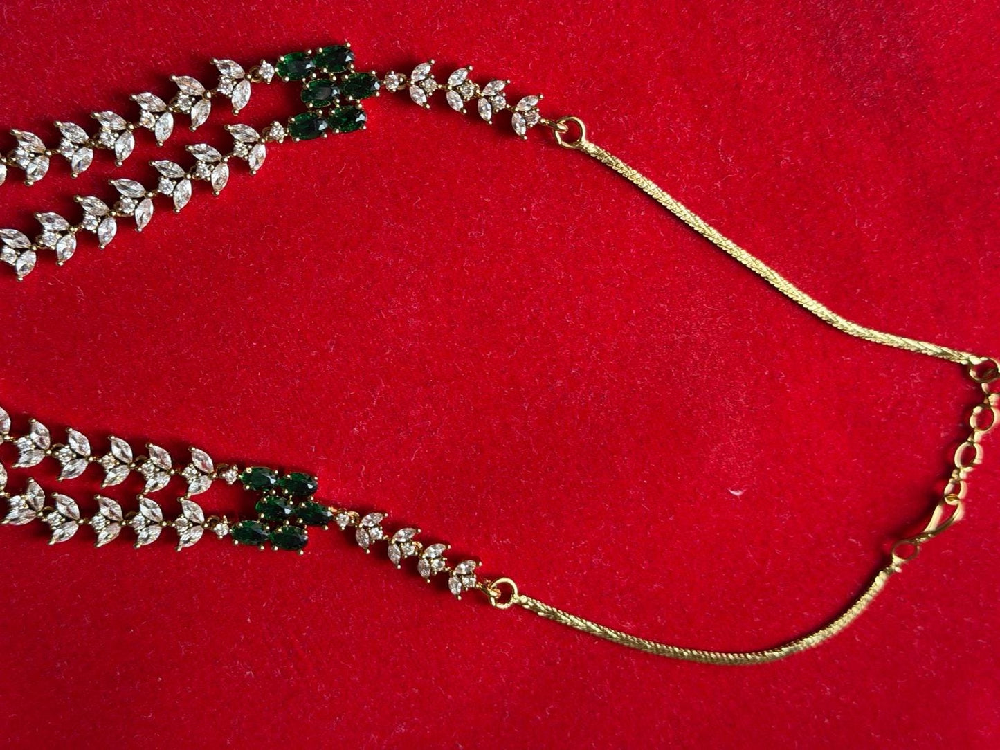 ASHLEY Emerald  green colour cz zircon sleek necklace set in mehndi golden polish,Indian victorian style jewelry