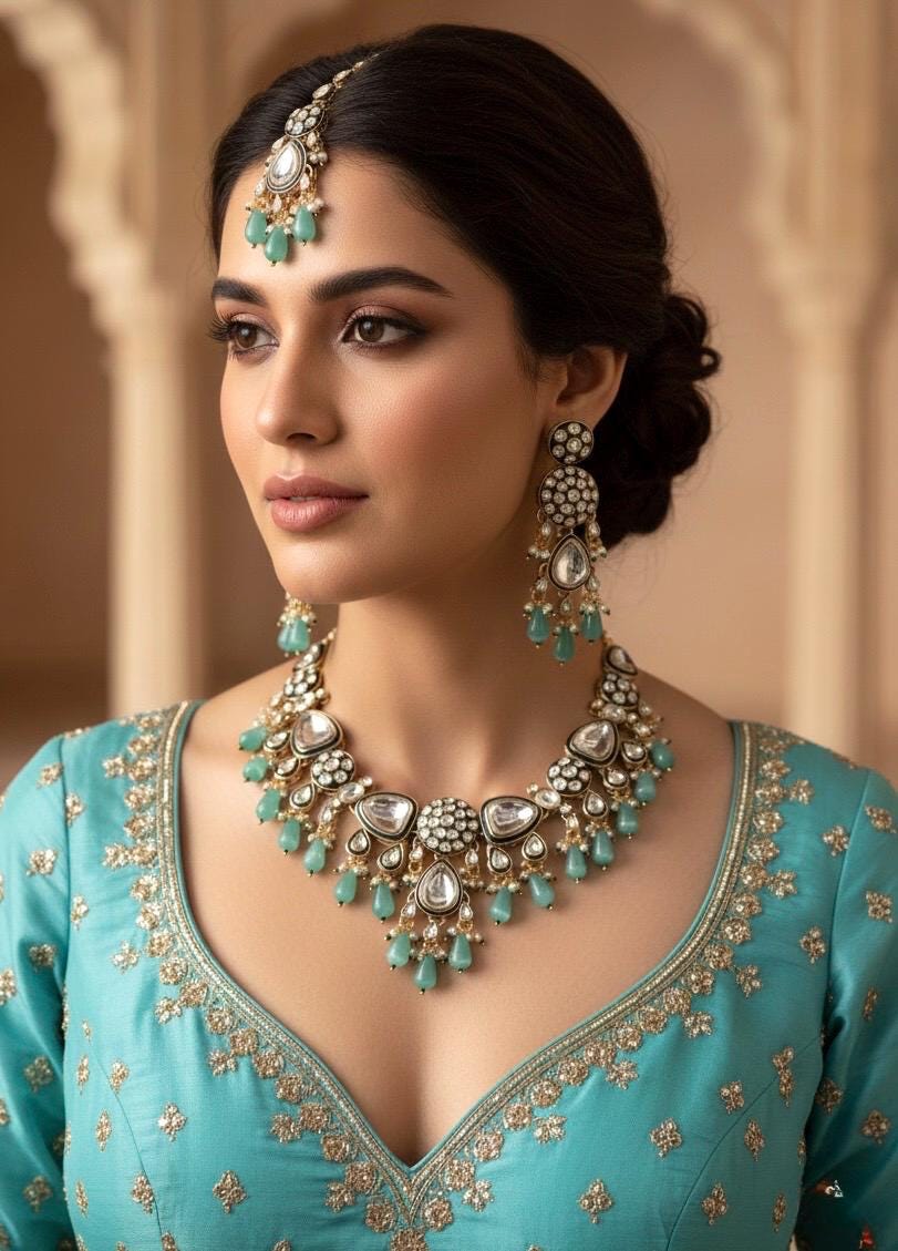 ASMITA mint Kundan necklace set with Maangtika, Indian Pakistani traditional wedding bridal jewelry