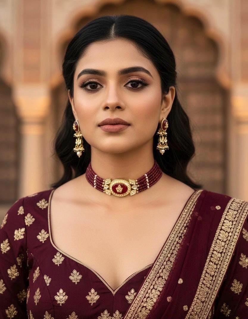 PRAGNA Sabyasachi inspired Ruby Fusion Kundan choker set, necklace set, indian wedding Rajwada jewelry/ pakistani jewelry