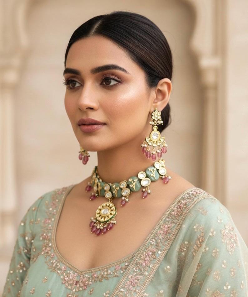 NIMISHA Sabyasachi inspired Mint pink  Fusion Kundan choker set, necklace set, indian wedding Rajwada jewelry/ pakistani jewelry