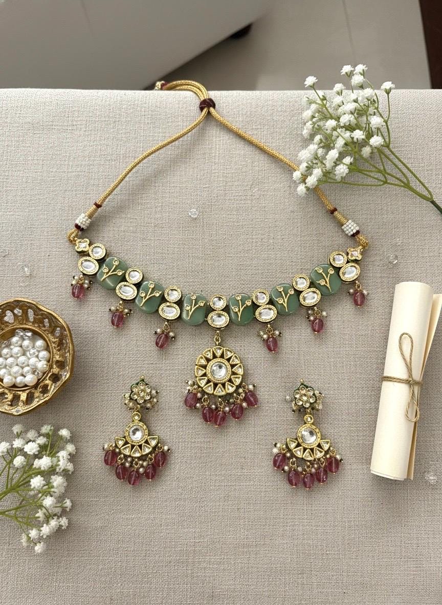 NIMISHA Sabyasachi inspired Mint pink  Fusion Kundan choker set, necklace set, indian wedding Rajwada jewelry/ pakistani jewelry