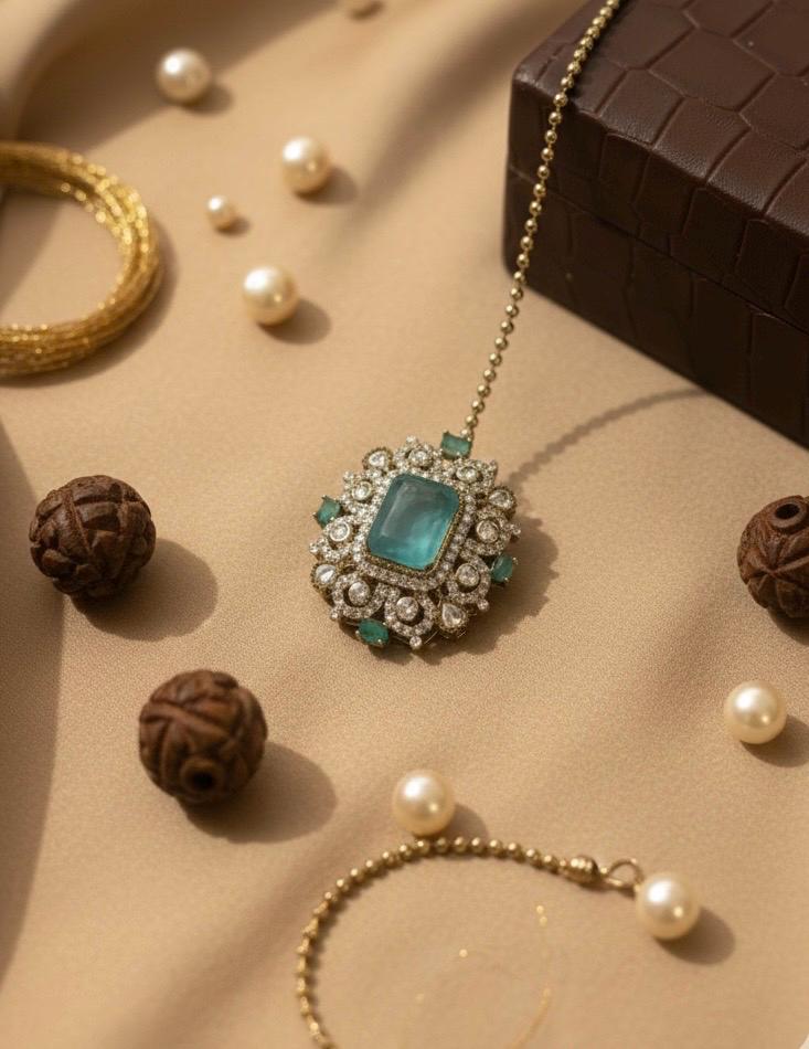 HANIA Mint doublet stone maangtika, Indian bridal jewelry