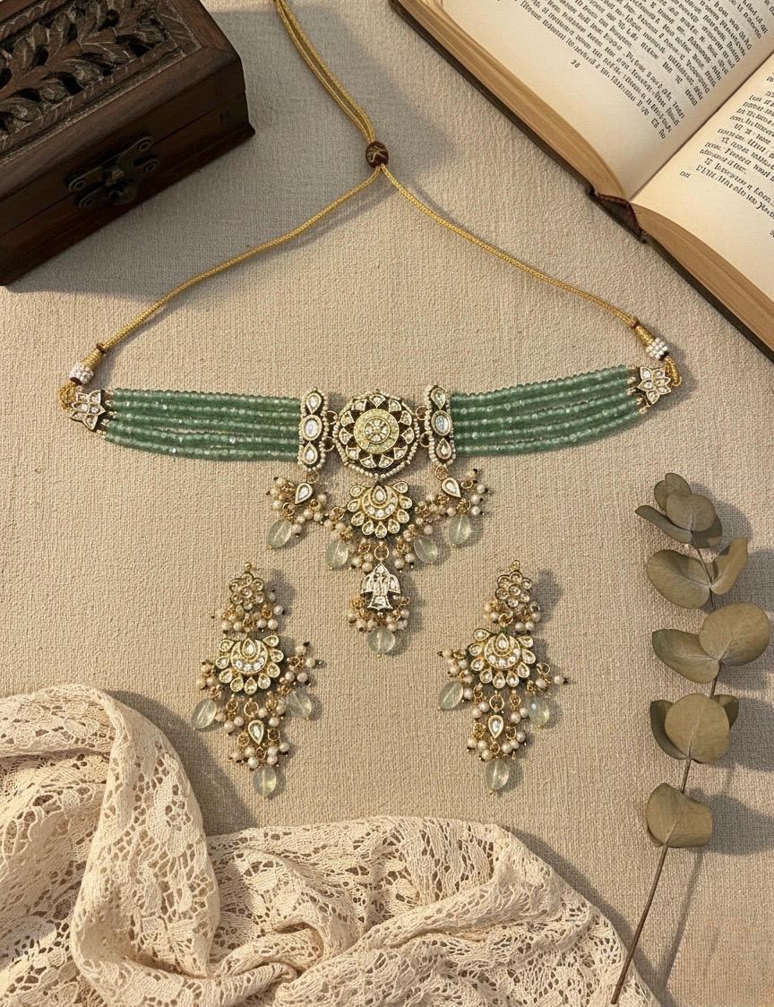 NADIRA Sabyasachi inspired Mint  Fusion Kundan choker set, necklace set, indian wedding Rajwada jewelry/ pakistani jewelry
