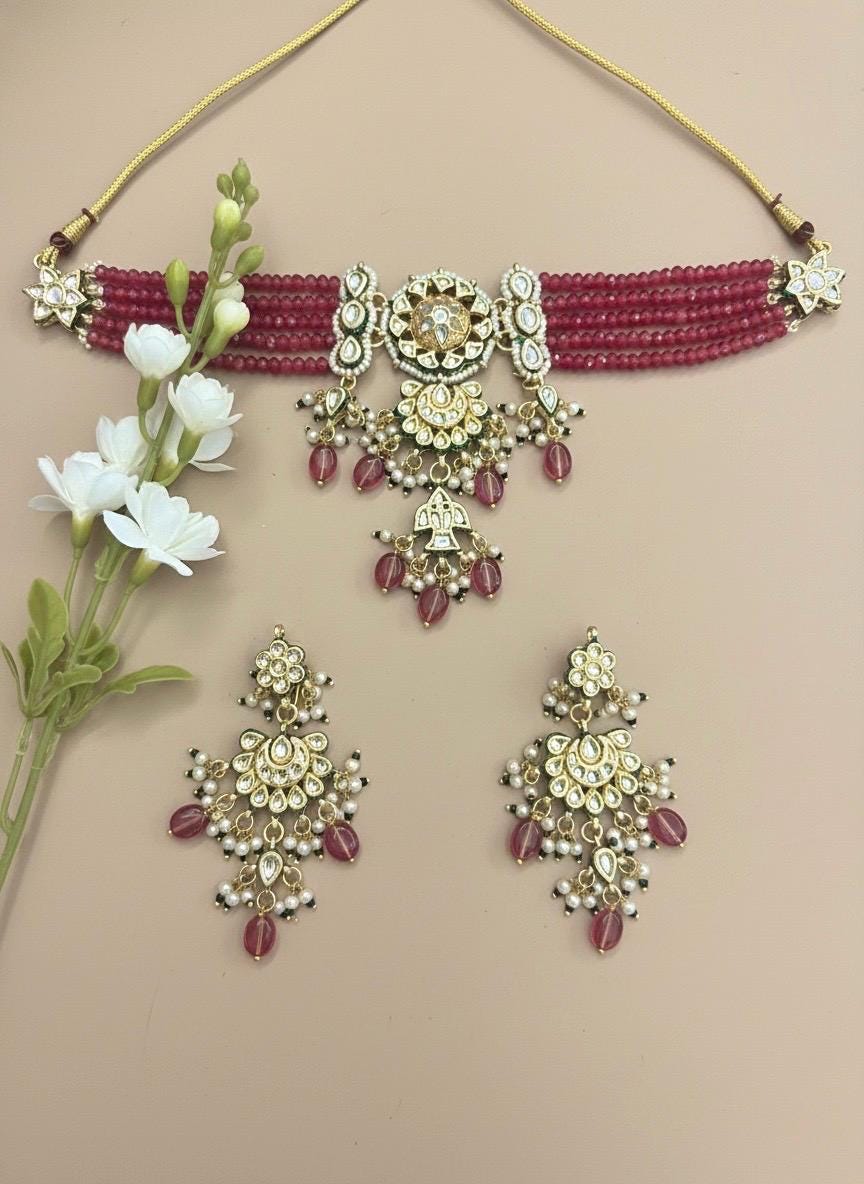NADIRA Sabyasachi inspired Burgundy pink Fusion Kundan choker set, necklace set, indian wedding Rajwada jewelry/ pakistani jewelry