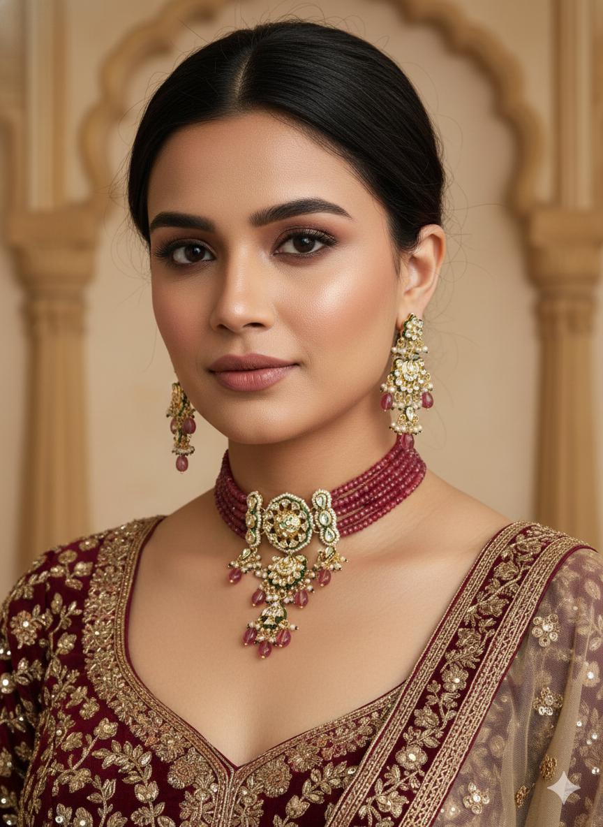 NADIRA Sabyasachi inspired Burgundy pink Fusion Kundan choker set, necklace set, indian wedding Rajwada jewelry/ pakistani jewelry