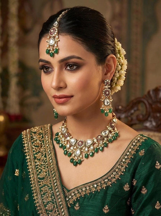 ASMITA Green Kundan necklace set with Maangtika, Indian Pakistani traditional wedding bridal jewelry