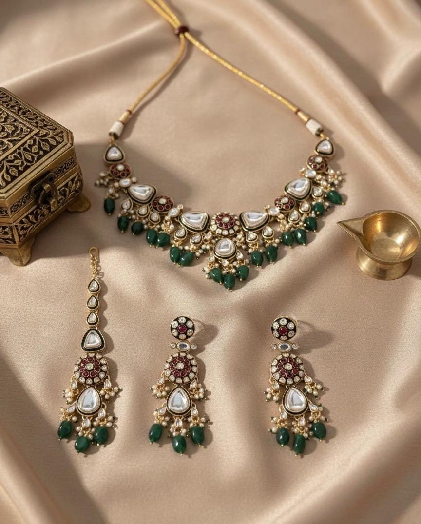 ASMITA Green Kundan necklace set with Maangtika, Indian Pakistani traditional wedding bridal jewelry