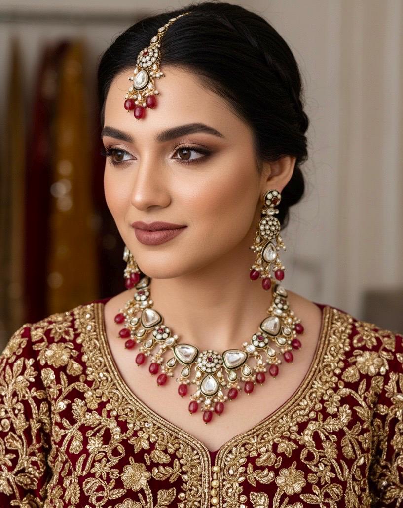 ASMITA Deep Ruby Kundan necklace set with Maangtika, Indian Pakistani traditional wedding bridal jewelry