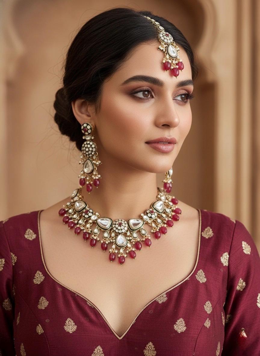 ASMITA Deep Ruby Kundan necklace set with Maangtika, Indian Pakistani traditional wedding bridal jewelry