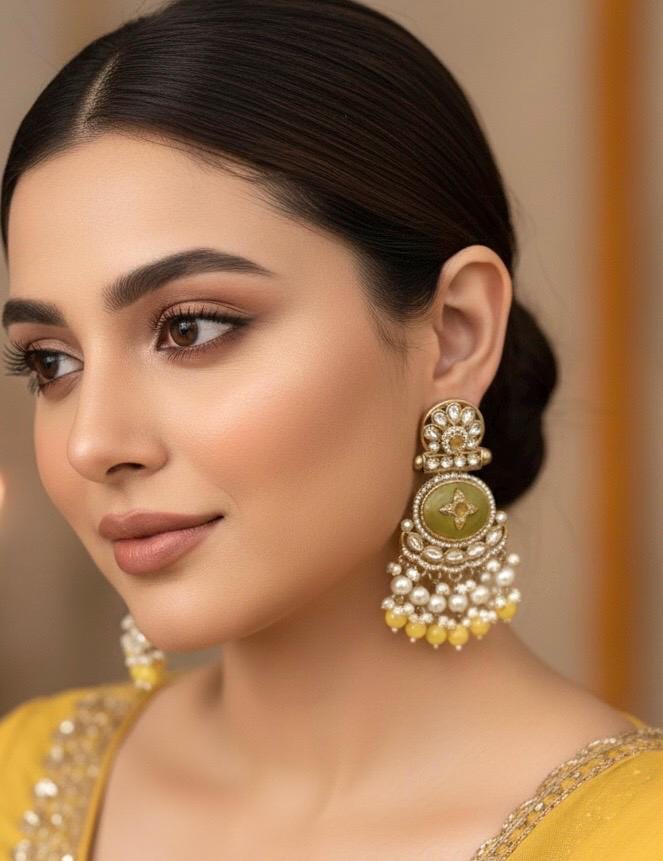 RAGINI Yellow kundan earrings, Indian traditional wedding jewelry