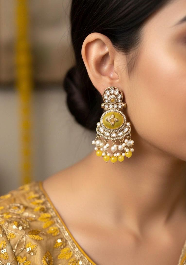 RAGINI Yellow kundan earrings, Indian traditional wedding jewelry