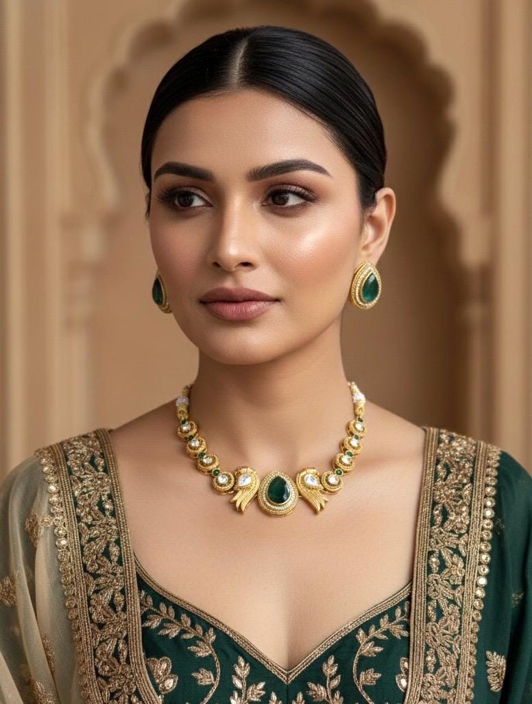 RHEA Gold polish green colour necklace set , Indian Bridal jewelery,green colour jewelry,golden polish necklace