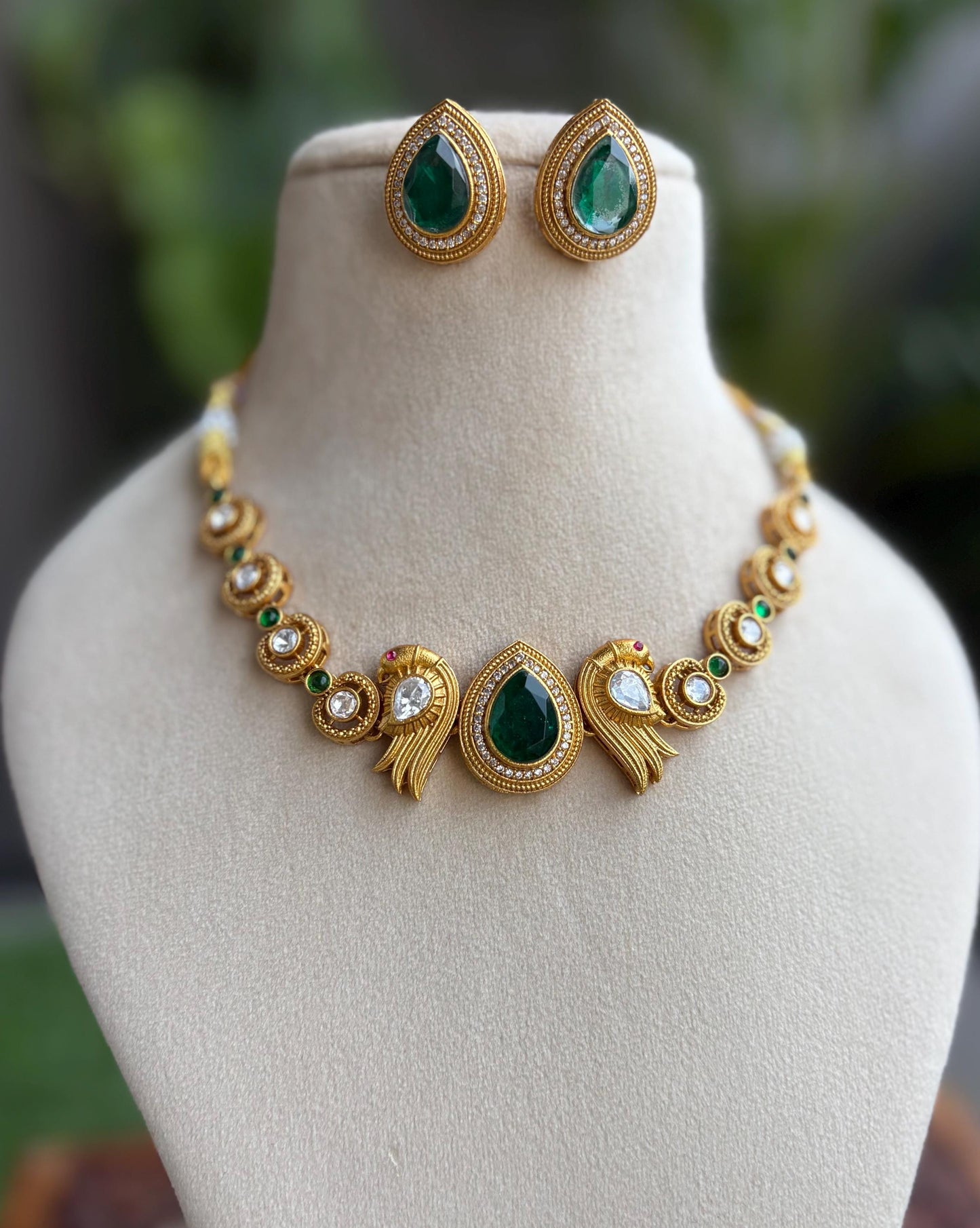 RHEA Gold polish green colour necklace set , Indian Bridal jewelery,green colour jewelry,golden polish necklace