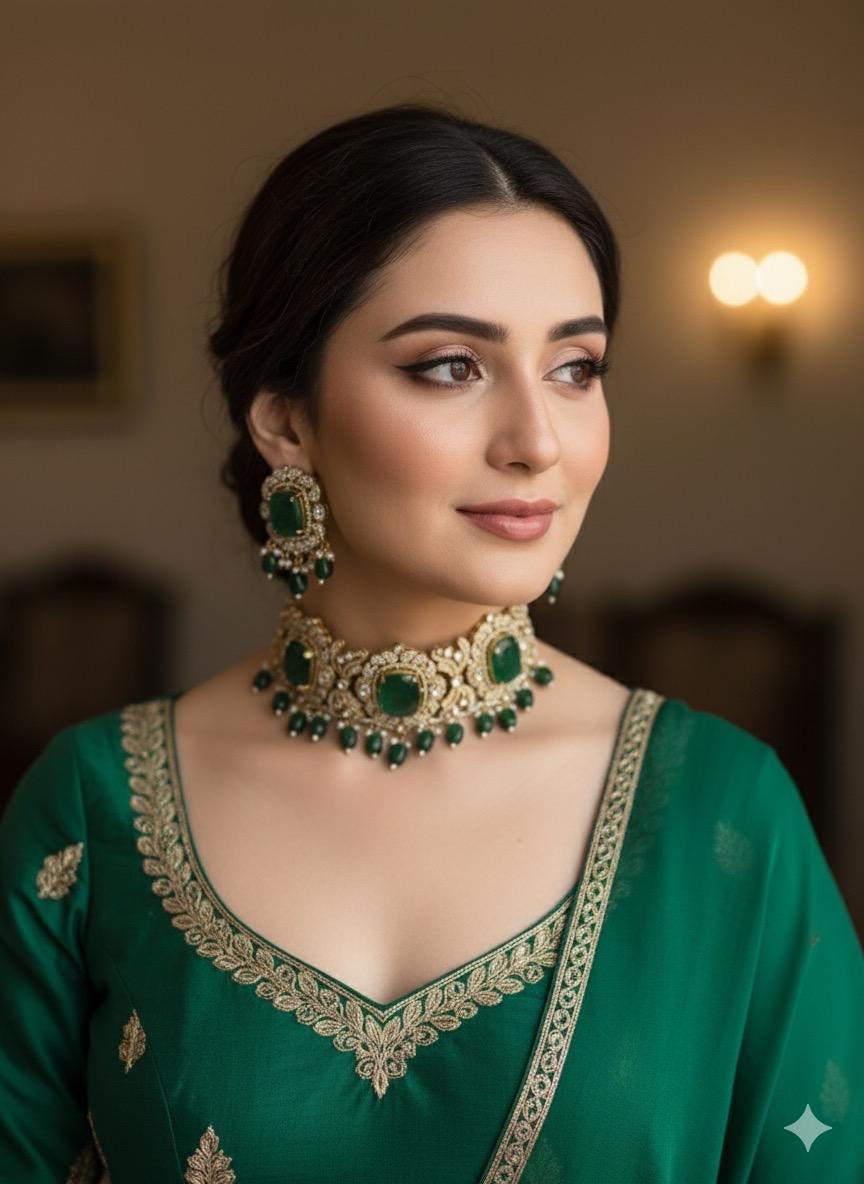 MAISHA Emerald green kundan cz choker necklace set in doublet stone,  Indian  pakistani bridal jewelry, moissanite jewelry in green colour