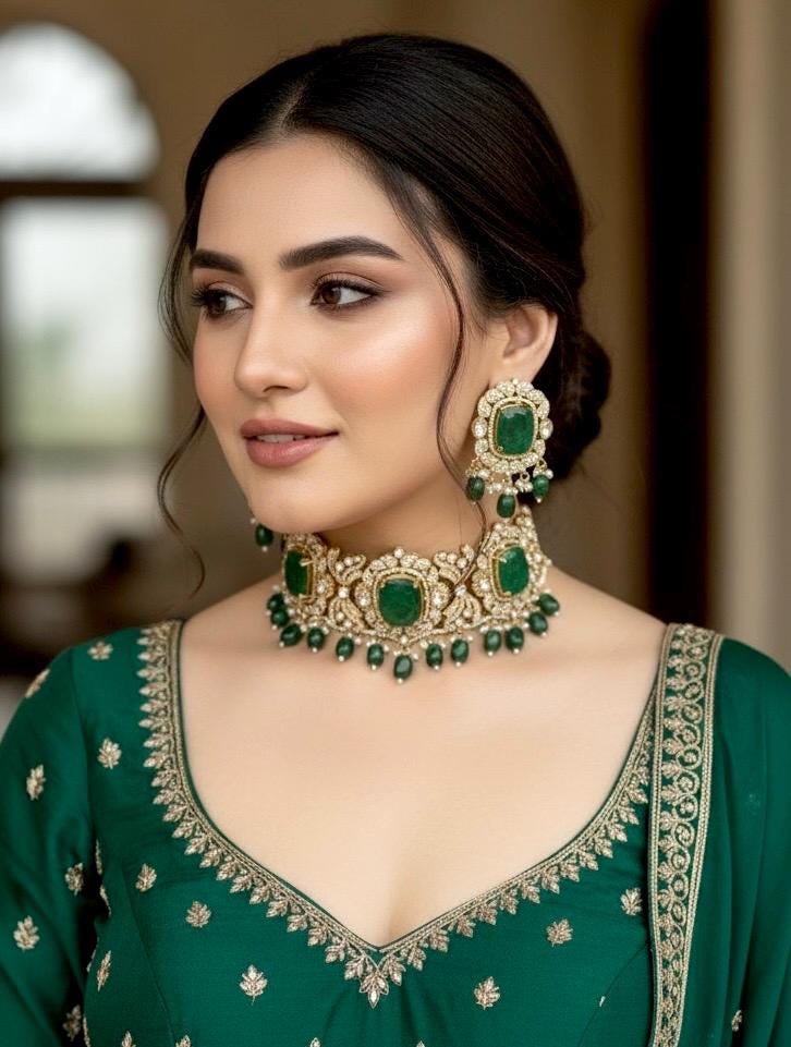 MAISHA Emerald green kundan cz choker necklace set in doublet stone,  Indian  pakistani bridal jewelry, moissanite jewelry in green colour