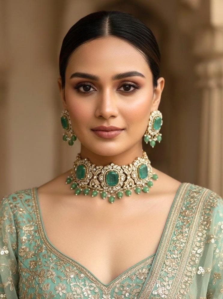 MAISHA mint green kundan cz choker necklace set in doublet stone,  Indian  pakistani bridal jewelry, moissanite jewelry in mint green colour