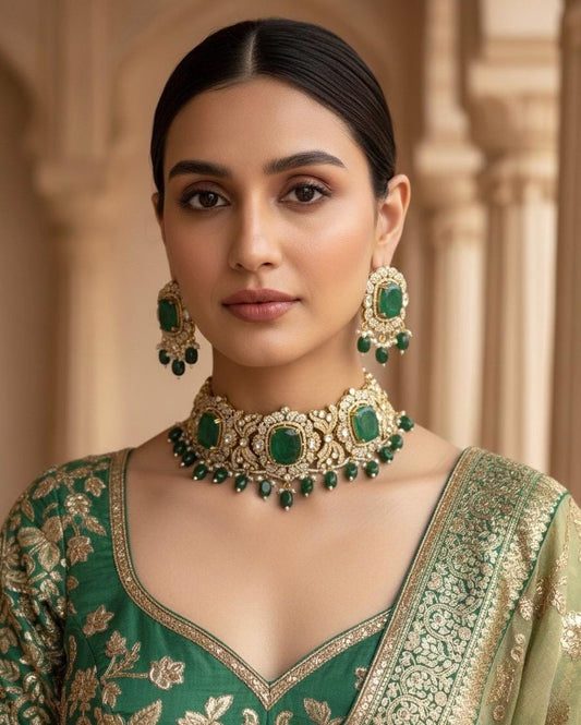 MAISHA Emerald green kundan cz choker necklace set in doublet stone,  Indian  pakistani bridal jewelry, moissanite jewelry in green colour