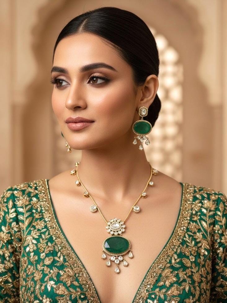 SHREYA Emerald green doublet stone Necklace Set in Victorian Style