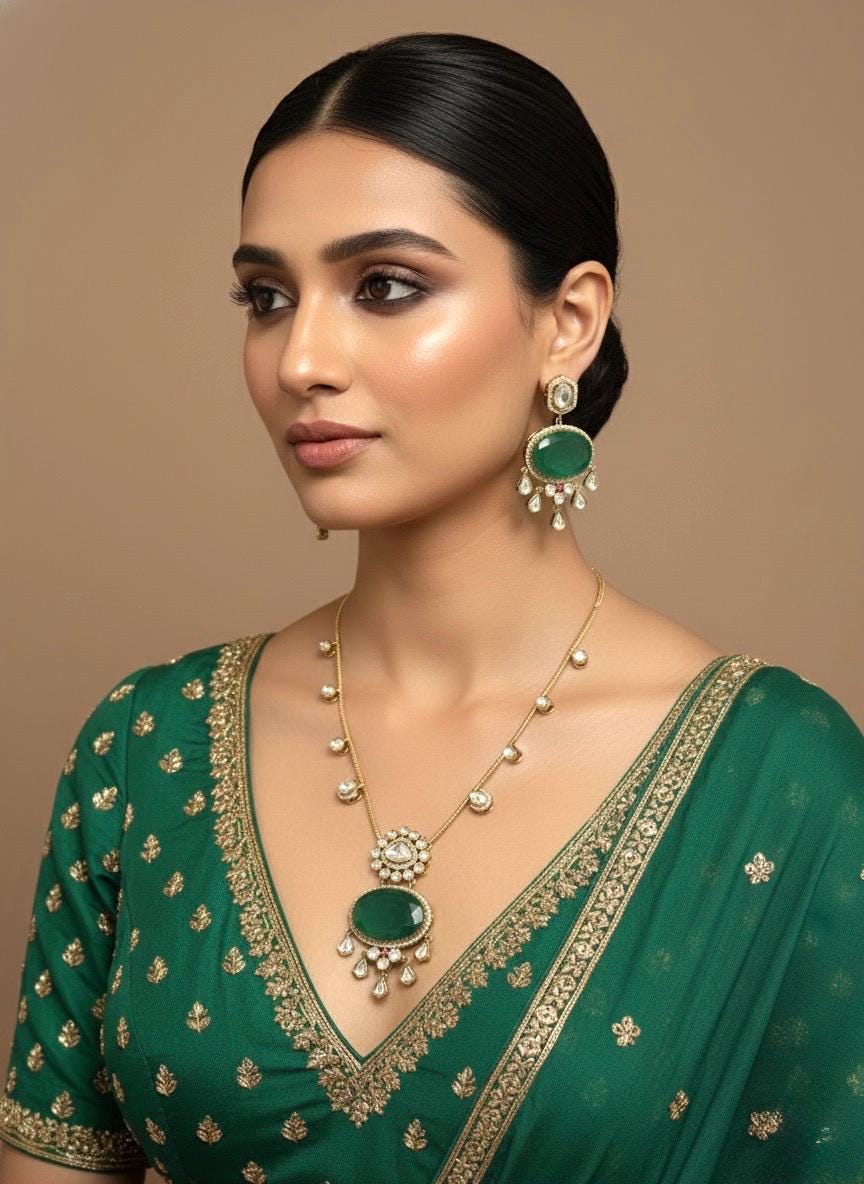 SHREYA Emerald green doublet stone Necklace Set in Victorian Style