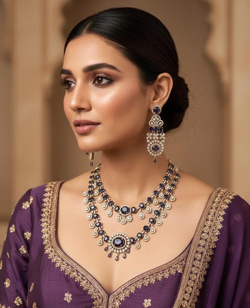 YUKTI Sabyasachi inspired purple colour cz and zircon sleek necklace set in  mehndi golden polish,Indian bridal wedding jewelry