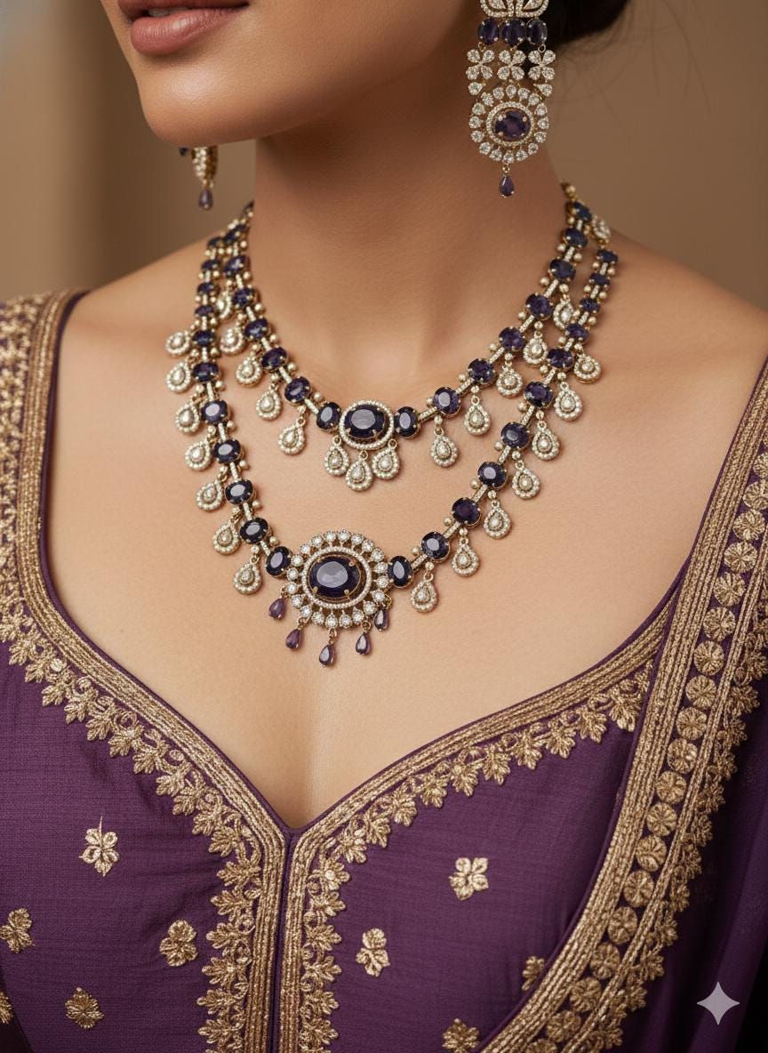 YUKTI Sabyasachi inspired purple colour cz and zircon sleek necklace set in  mehndi golden polish,Indian bridal wedding jewelry