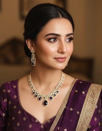 LAYLA Purple zircon sleek necklace set in  muted golden polish, Indian pakistani bridal  jewelry in purple colour