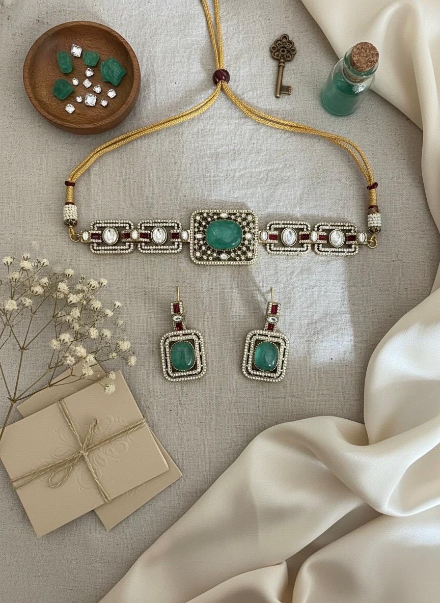 TARU Mint green choker necklace set,cz Indian Bridal jewelry,doublet stone,pakistani wedding jewellery