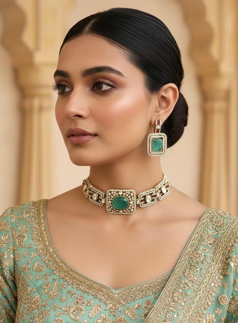 TARU Mint green choker necklace set,cz Indian Bridal jewelry,doublet stone,pakistani wedding jewellery