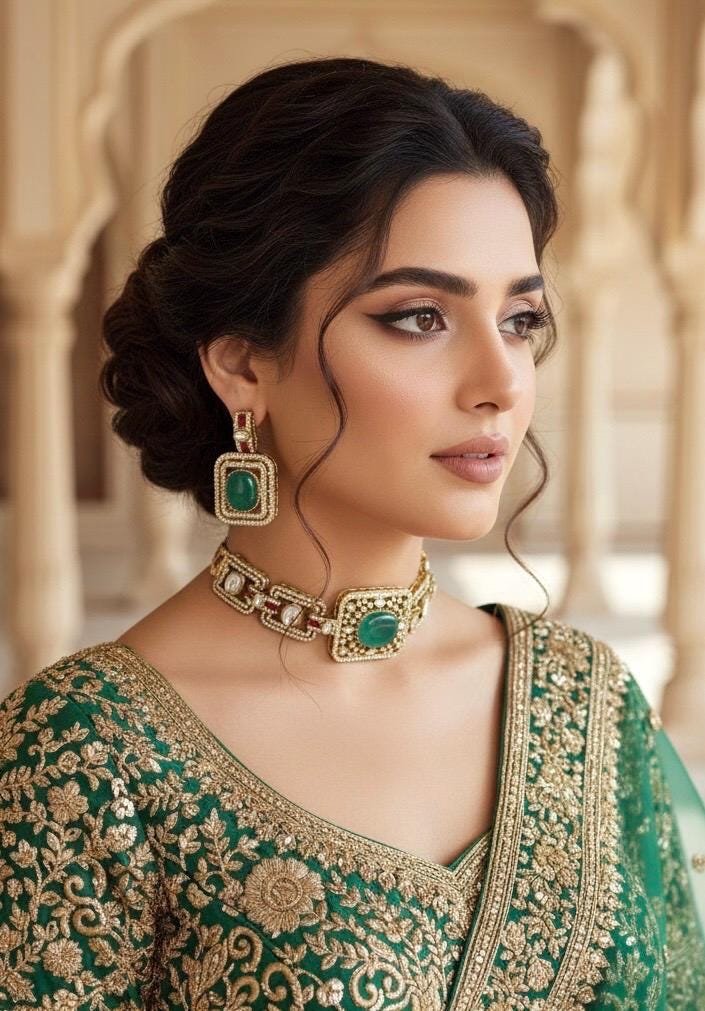 TARU Emerald green choker necklace set,cz Indian Bridal jewelry,doublet stone,pakistani wedding jewellery