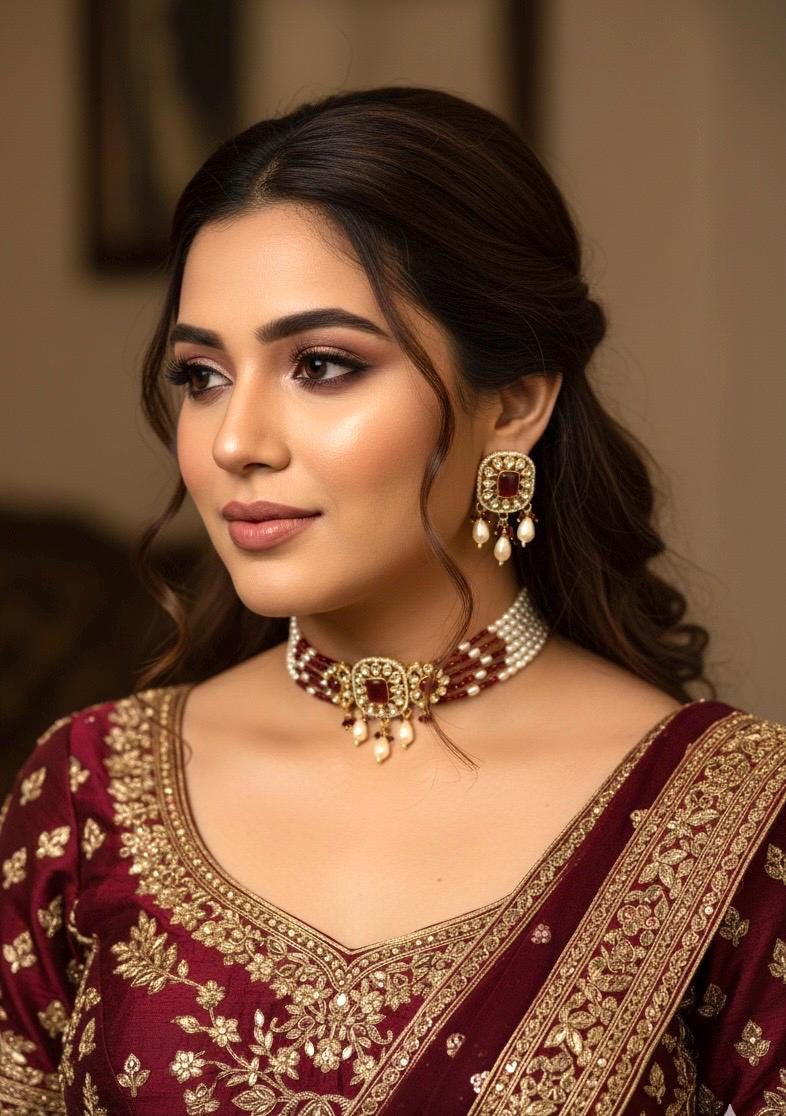 MERIN Ruby and ivory white pearl  choker set,cz Indian Pakistani jewelry
