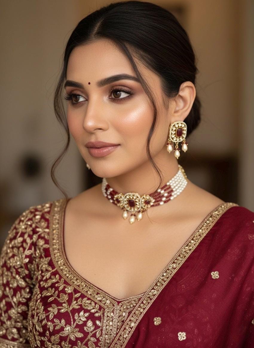 MERIN Ruby and ivory white pearl  choker set,cz Indian Pakistani jewelry