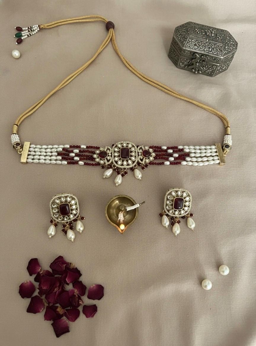 MERIN Ruby and ivory white pearl  choker set,cz Indian Pakistani jewelry