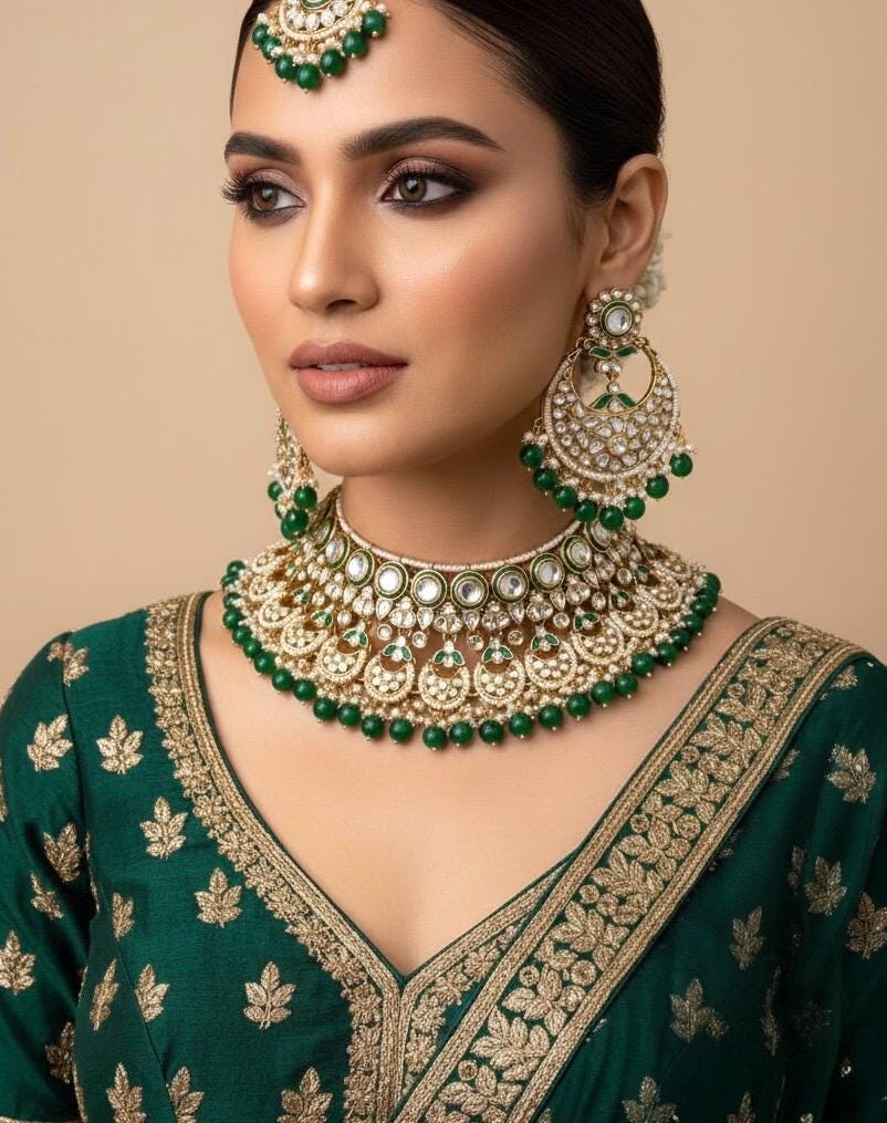 RINAISHA emerald green bridal kundan necklace set wedding jewelry pakistani nikah jewellery bollywood punjabi indian earrings maangtika