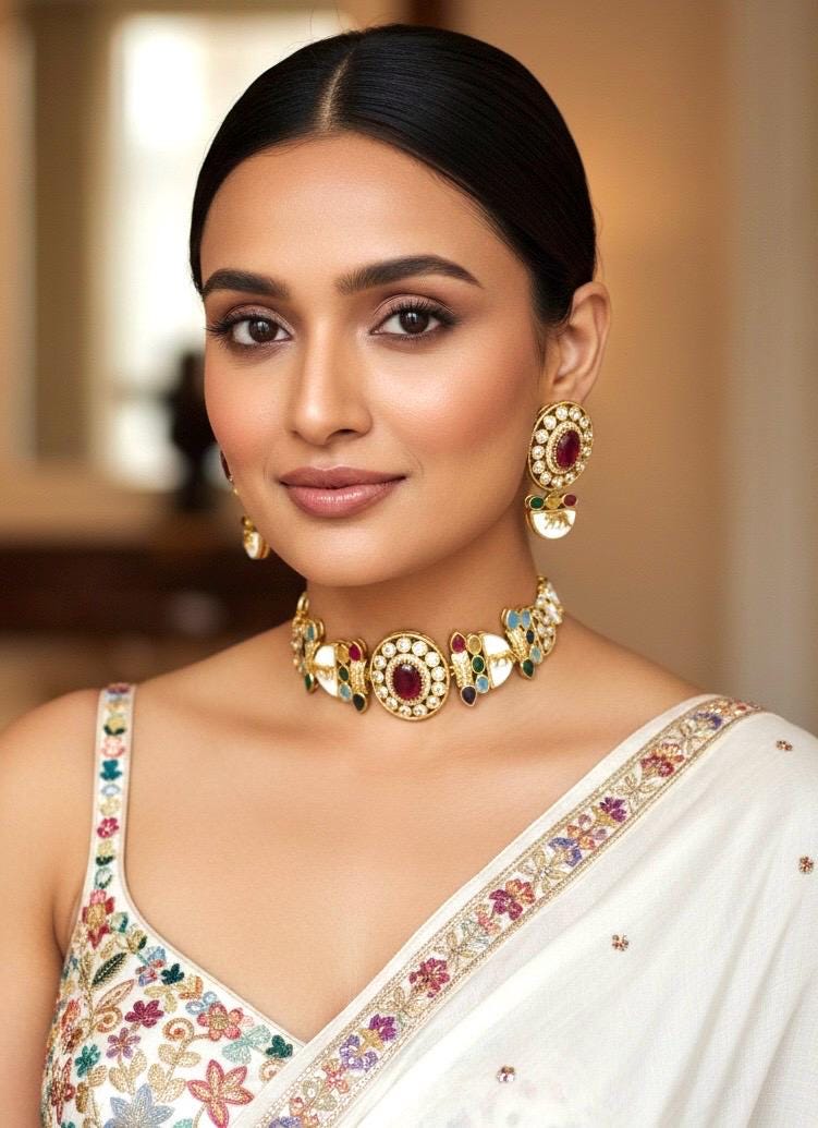 NIYA Sabyasachi inspired multicoloured kundan choker with Earrings, Indian  traditional navratna jewelry