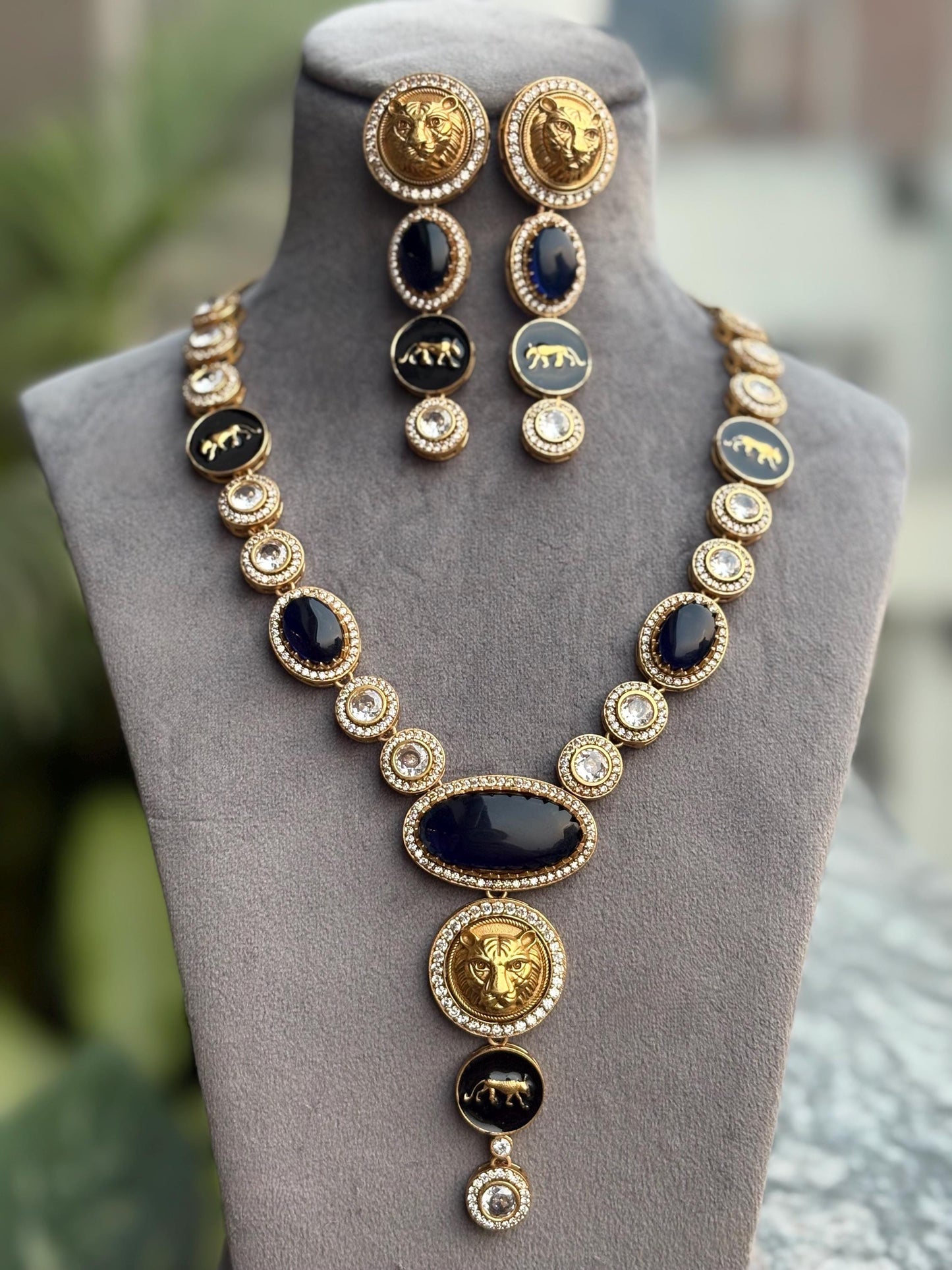 URVI Sabyasachi inspired Dark blue Victorian style kundan necklace set,Indian Bridal jewelry, cz kundan Victorian golden polish