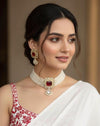 DISHA Ruby red pearl choker set, kundan polki necklace and earrings ,Indian Pakistani bridal jewelry, red ethnic traditional jewelry